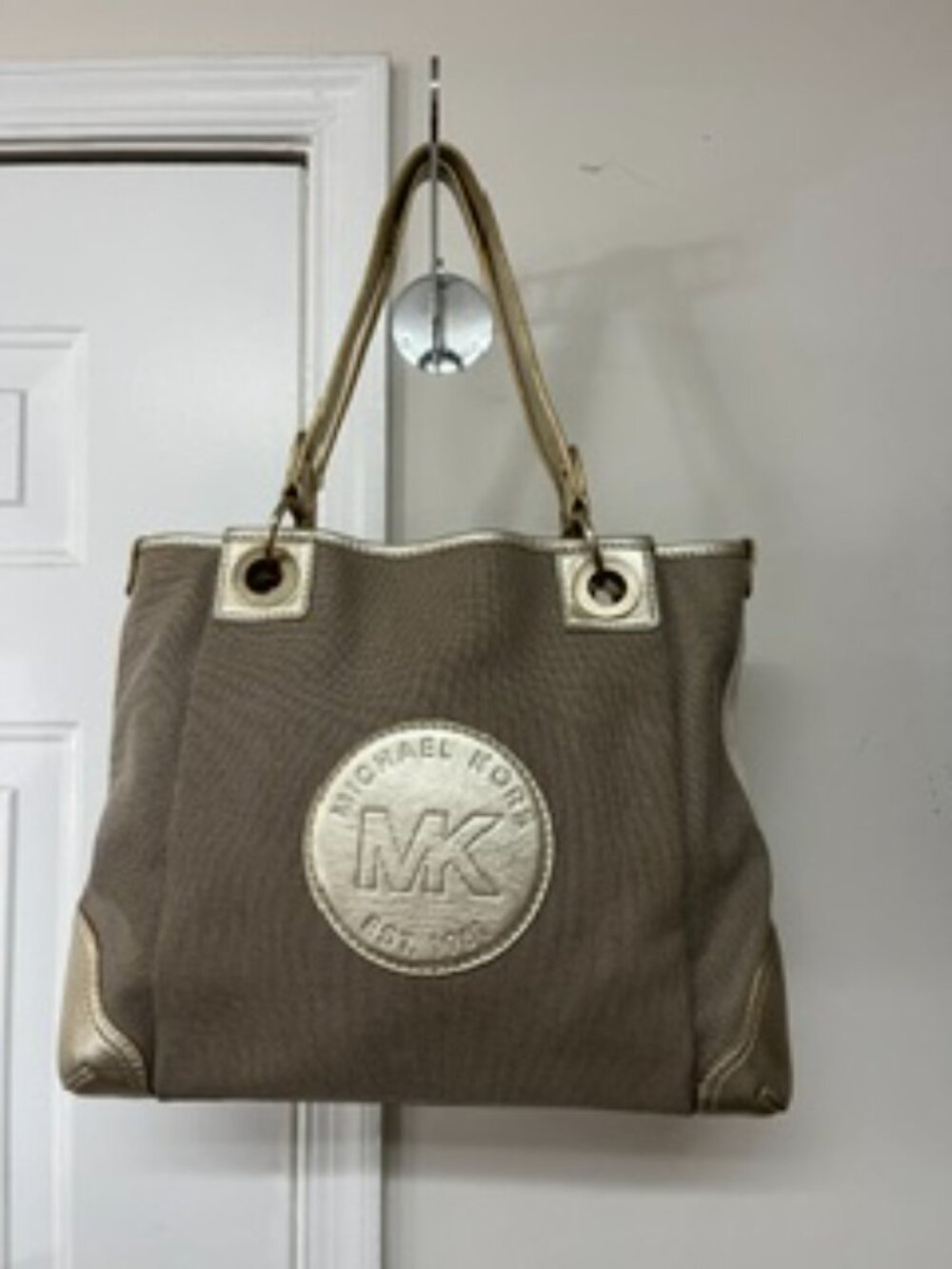 Michael Kors Gold Patch Canvas Tote Unique shoulder